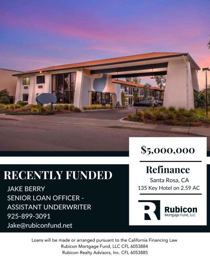 RubiconFund's tweet photo. For a seasoned hotel investor in Santa Rosa, recent financials undersold the asset's real value. 

We looked past the numbers to the location, the renovation, the brand, and closed a $5M refinance in time to beat the maturity deadline.

https://t.co/ZRQvI0PTXf

#refinance https://t.co/gw1iofMSyx