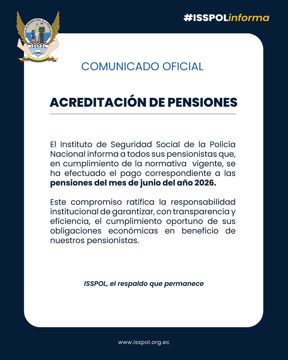 ISSPOL's tweet photo. PAGO DE PENSIONES |
El Instituto de Seguridad Social de la Policía Nacional informa a sus pensionistas que se ha realizado el pago de pensiones correspondientes al mes de junio con normalidad.
#ISSPOLinforma https://t.co/8bZZIUqpX5