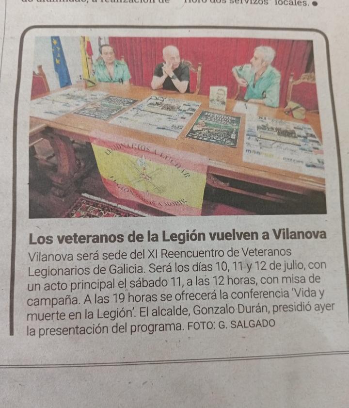 PlataformaMill1's tweet photo. #Vilanova y el XI Reencuentro de #Veteranos #Legionarios de #Galicia, escenario para la celebración de la conferencia "Vida y muerte en #LaLegión", en la Casa de Cultura, impartida por el presidente de @PlataformaMill1, D. Emilio Domínguez Díaz @MisterLegio, el 11 de julio 2026. https://t.co/IKP3rw4KBF