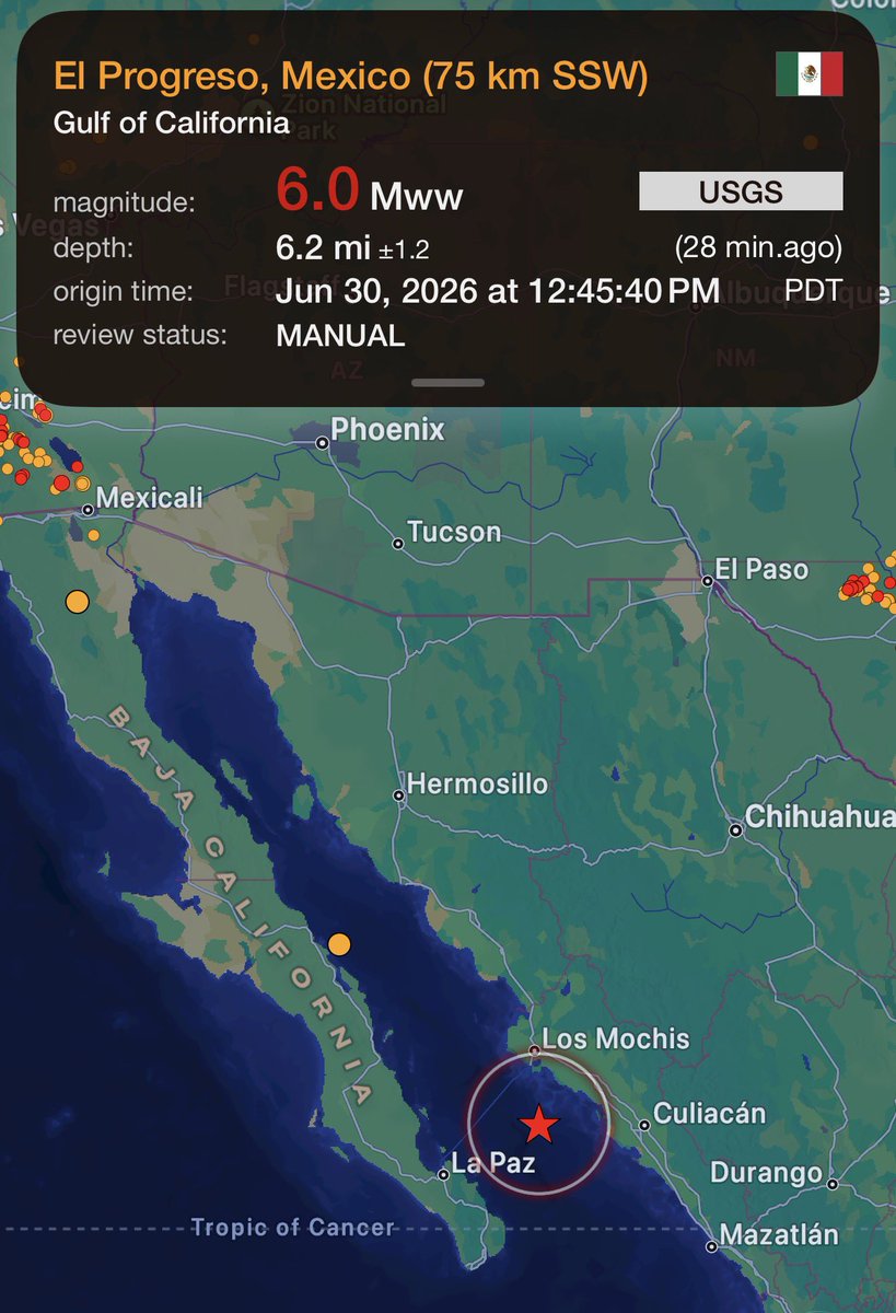 jason61987's tweet photo. Magnitude 6.0 earthquake in the Gulf of California Tuesday June 30, 2026 
12:45 PM #earthquake #CAwx https://t.co/kXFn7iYkaU