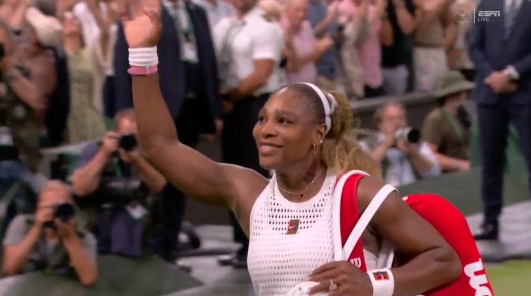 TheTennisLetter's tweet photo. Serena Williams walks off of Centre Court at Wimbledon with a smile on her face. 

She did not get the win in her first singles match back at Wimbledon. 

But wow, it was fun to watch her play again… and she can still hit some INCREDIBLE shots.

Just to watch her step on court today meant so much to every tennis fan, to every tennis player, and to so many people beyond this sport.

Having the courage to come back to competition at 44 years of age after 4 years away from the sport and after having two kids… that takes a legendary passion and serious guts. 

She doesn’t have a thing to prove to anybody.

A 23-time Grand Slam Champion who stepped on court today, not to break any records or solely to win, but instead… simply for the love of it… so her two daughters could watch her play… and for her own personal happiness.

Forever the greatest, win or lose. 

🇺🇸❤️
