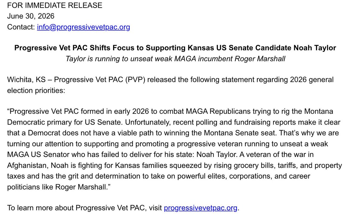 bradmwarren's tweet photo. MT SENATE: The Progressive Vet PAC, which gave Alani Bankhead (D-MT) upwards a $4 million, appears to be 
dropping support in the MT senate race and claims the Democrat they supported no longer has a viable path to the Senate based of polling.

#Mtpol #Mtnews @ABCFOXMT @KULR https://t.co/ILS7arjWnK