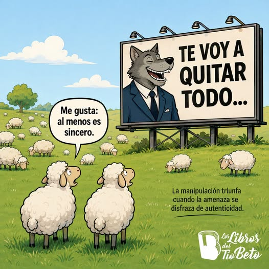bezerides's tweet photo. Los libros del Tío Beto

A veces el problema no es que el lobo mienta.
El verdadero problema es cuando dice la verdad… y aun así hay quien decide seguirlo.
Porque la manipulación no siempre entra disfrazada de bondad, de promesa o de discurso elegante. https://t.co/axPTWRIS70
