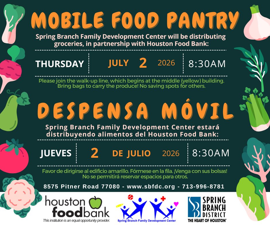 SBFDCenter's tweet photo. Thursday, July 2 at 8:30am: @HoustonFoodBank  Mobile Pantry at @SBFDCenter  
--
El Jueves 2 de Julio a las 8:30am: @HoustonFoodBank  Bank despensa móvil en #SBFDCenter 

Thanks for your support in alleviating food insecurity, @SpringBranchMD. https://t.co/Un1J9Fyd2q
