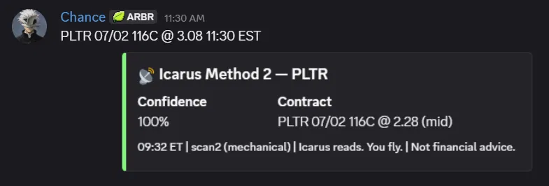 TheIcarusEdge's tweet photo. You picked MRVL. You picked NFLX. You picked PLTR. All three printed today, and not one Mag7 on this list. Do we even need to scan them anymore?

$NFLX 73P: $0.94 → $1.84 (+96%)
$PLTR 116C: $2.28 → $3.08 (+35%)
$MRVL 297.5P: $9.38 → $13.40 (+43%)
$SPX 7480C: $10.90 → $20.70 (+90%)

Big update for Icarus tomorrow