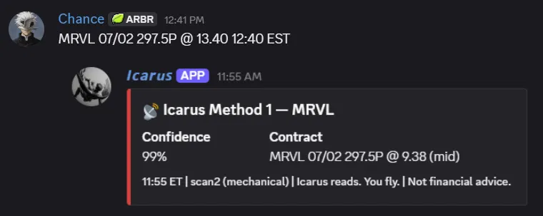 TheIcarusEdge's tweet photo. You picked MRVL. You picked NFLX. You picked PLTR. All three printed today, and not one Mag7 on this list. Do we even need to scan them anymore?

$NFLX 73P: $0.94 → $1.84 (+96%)
$PLTR 116C: $2.28 → $3.08 (+35%)
$MRVL 297.5P: $9.38 → $13.40 (+43%)
$SPX 7480C: $10.90 → $20.70 (+90%)

Big update for Icarus tomorrow