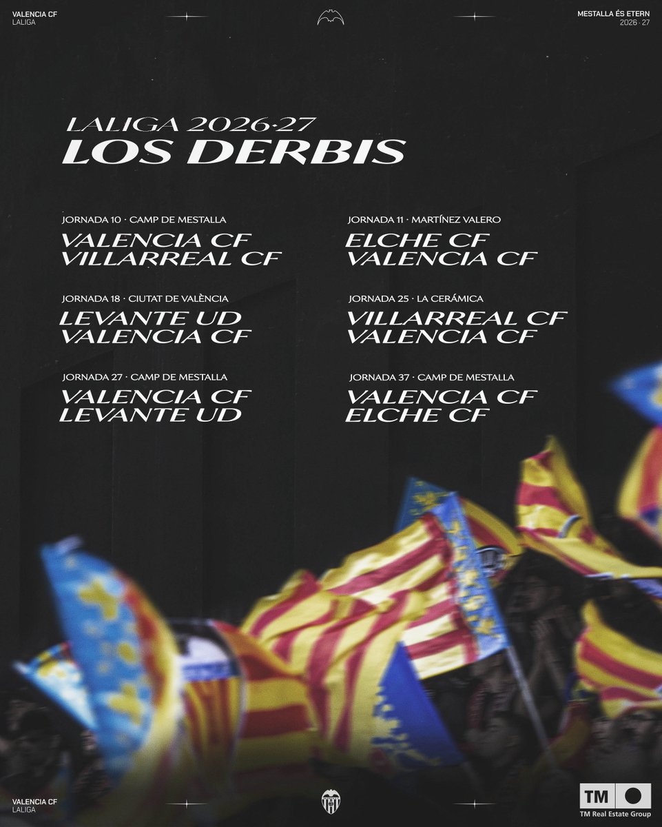 valenciacf's tweet photo. 🗓️ Así quedan en el calendario los derbis de la Comunitat Valenciana en @LaLiga 2026-27 https://t.co/XeLFSnKh0o