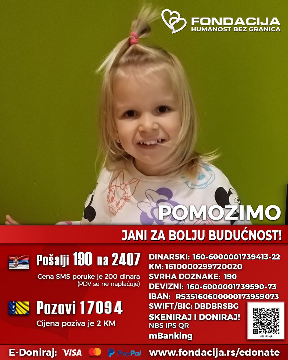 AntonellaJ54036's tweet photo. 💔 Piše Janina mama...

Postoje dani kada se pravim da sam jaka. Kada se nasmejem Jani, iako mi se srce lomi. Kada krijem suze da ih ona ne vidi.

Moja devojčica ne vodi običnu borbu. Ona se bori sa retkom genetskom bolešću SCN8A, zbog koje svaki njen korak, svaka nova reč i svaki mali napredak zahtevaju ogromnu borbu.

Sve što želim jeste da joj pružim šansu za lečenje i terapije koje joj mogu pomoći. Ali bez vas više ne možemo.

Zato vas, kao majka, molim iz dubine srca – pomozite mojoj Jani. Jedna poruka, jedna uplata ili jedno deljenje mogu promeniti njen život.

📱 Pošaljite SMS 190 na 2407.

💳 Dinarski račun: 160-6000002015702-22

Ne tražim čudo. Tražim priliku da moje dete nastavi da se bori.

Hvala svakome ko će stati uz Janu. Vaša podrška za nas znači nadu. ❤️🙏