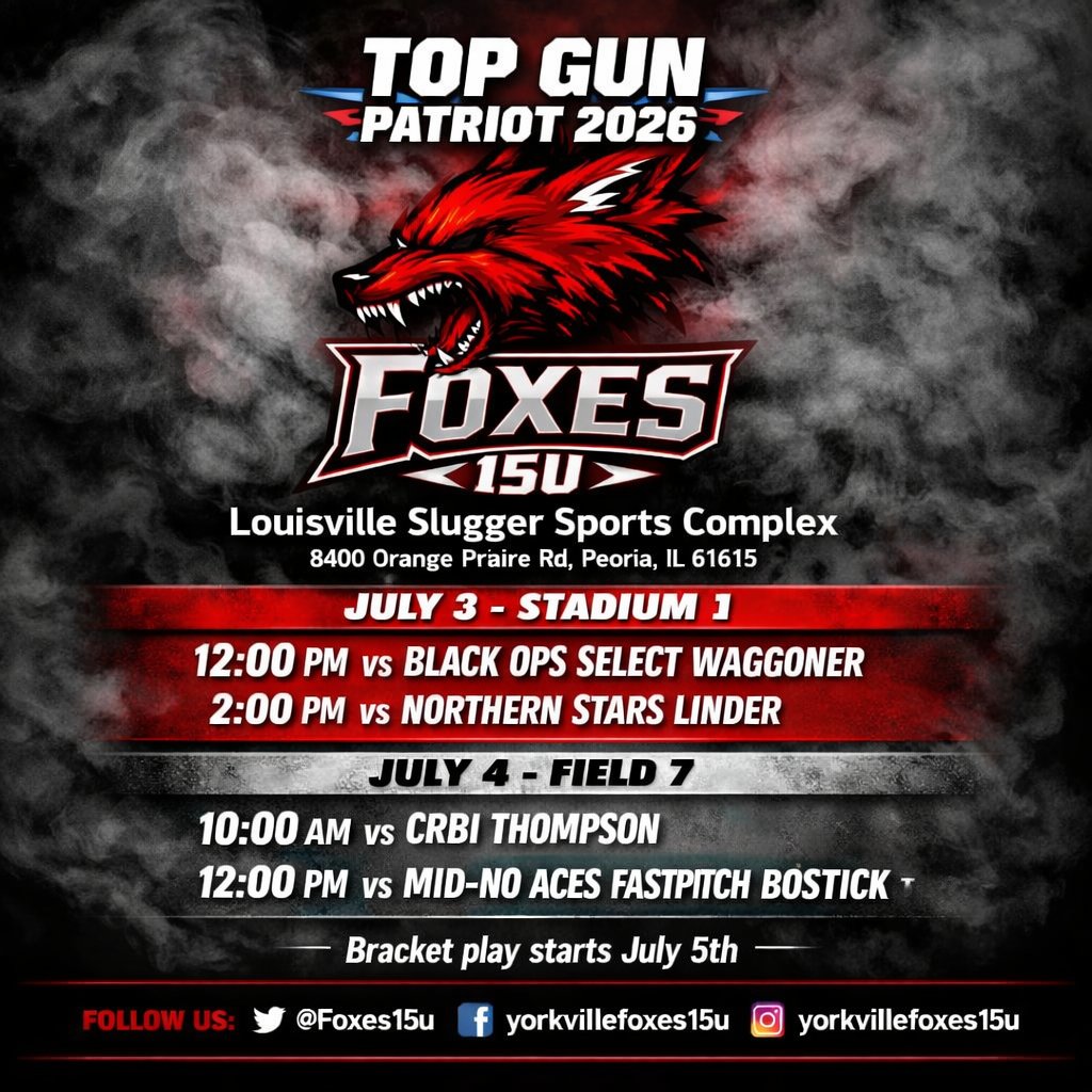 Foxes15u's tweet photo. We are heading to the @TopGunEvents Patriot 2026 this weekend in Peoria, IL! Come cheer us on! @TGETalent @rsmidwest @SoftbalAmerica @ChiPlayerWatch @NCAASoftball @NCAADII @NCAADIII #classof2028 #classof2029 #ILSoftball #softballrecruits https://t.co/6lqsQ1Mvdv