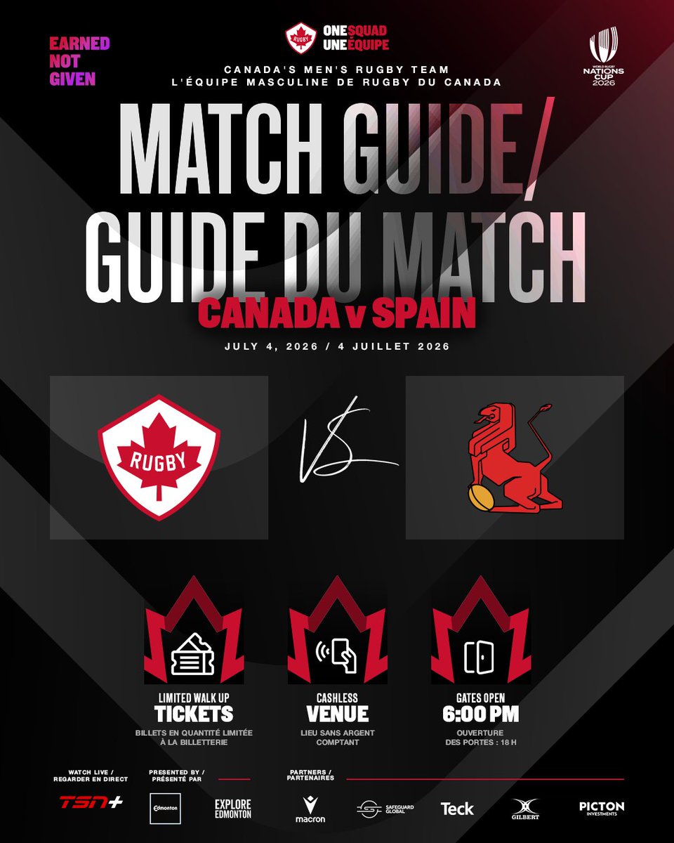 RugbyCanada's tweet photo. Know Before You Go 🇨🇦🏉

Secured your tickets to Canada's Men's Rugby Team's opening match of the 2026 World Rugby Nations Cup?

Here's your guide to match day in Edmonton. 🍁

🎟️ Get your last minute tickets: https://t.co/nKq47ahso7

#RugbyCA | #OneSquad https://t.co/CnB60iF0ap
