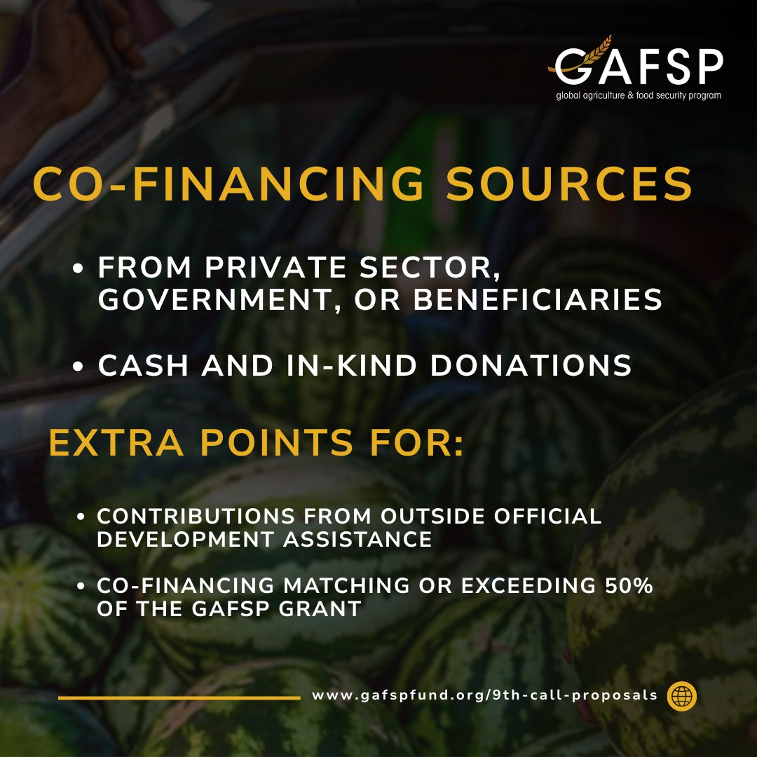 GAFSPfund's tweet photo. 📣 Wondering about co-financing for GAFSP's 9th Call for Proposals?

Co-financing is required for eligibility, and proposals where it matches or exceeds 50% of the GAFSP grant earn additional points.

FAQs and how to apply: https://t.co/jMoDqY1o4y https://t.co/Jdlrjq7PDU