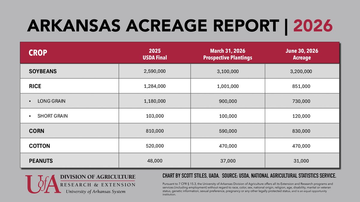 AginArk's tweet photo. Today's @USDA Acreage Report revealed a few things about  Arkansas' crop landscape.
Check out the analysis from @AR_commoditymkt @Jhardke @Arksoydoc @@AR_Feedgrains:
https://t.co/h0XaqaCwST https://t.co/bkJWIBRb3E