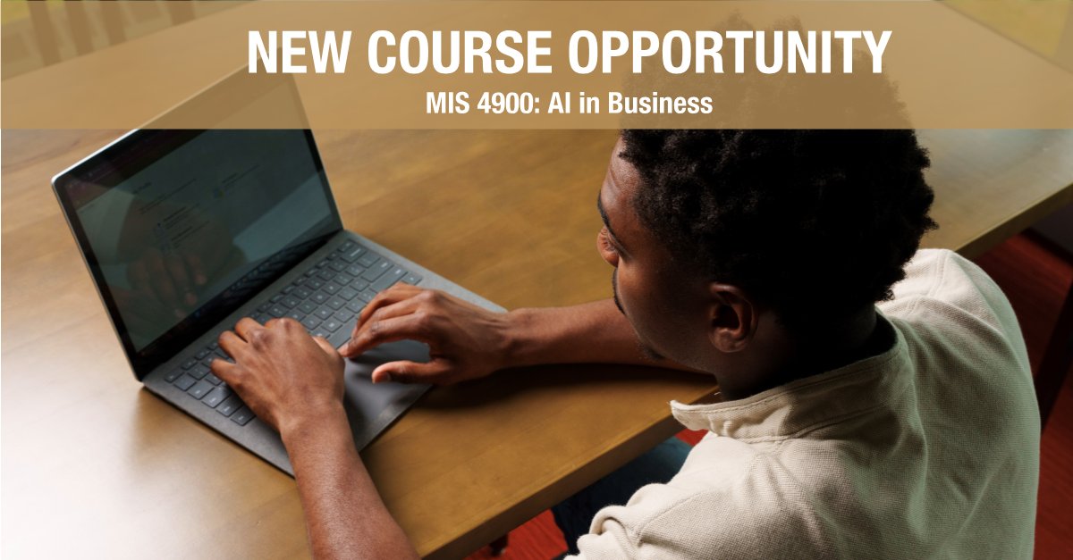 OUBusiness's tweet photo. AI is shaping organizations, decisions and careers. This Fall, explore what that means in MIS 4900: AI in Business. Build foundational AI literacy, practice responsible AI use and prepare for an AI-integrated workplace. No prerequisites required. #OUBusiness https://t.co/qWotbrB2SW