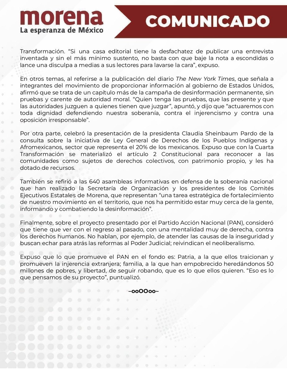 PartidoMorenaMx's tweet photo. 📰 El Partido Morena comparte el siguiente comunicado de prensa: 

Morena exige a El Universal una disculpa pública a @lopezobrador_.

“La libertad de expresión jamás puede ser pretexto para difundir mentiras ni para dañar la dignidad de ninguna persona”, afirmó @A_MontielR.

🔗: https://t.co/Gk9Z03vUm3