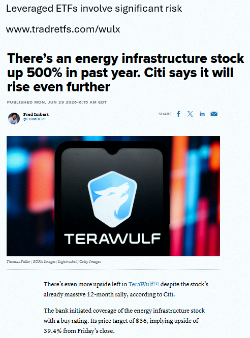 CAlva75's tweet photo. Terawulf $WULF has surged 465% in the past year, yet Citi thinks there's still room to run. They just bumped their price target to $36 🚨 That's a potential 44% jump from current levels ✅ Want double the punch? Check out the Tradr 2X Long WULF Daily ETF $WULX. https://t.co/vTJVjKLPAx