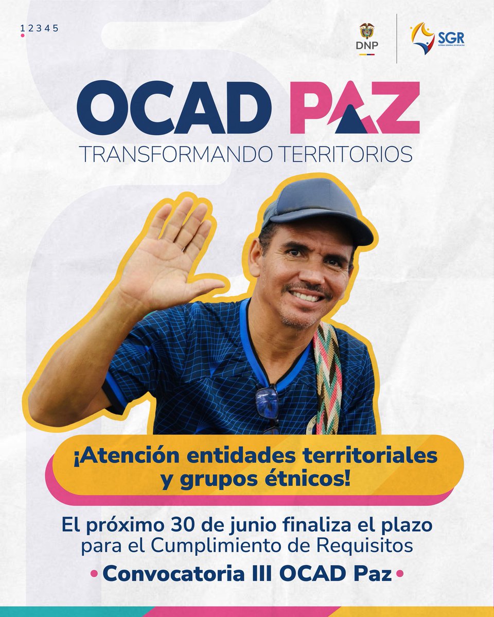 Regalias_gov's tweet photo. 🗓️Hoy finaliza la etapa de Cumplimiento de Requisitos Convocatoria III #OCADPaz
Entidades territoriales y comunidades étnicas que integran la lista de elegibles, tienen hasta este 30 de junio para lograr el cumplimiento de requisitos de los proyectos en curso de la convocatoria .
Recuerda que la asistencia técnica gratuita está disponible en el correo subasistenciatecnica@dnp.gov.co
Conoce más en el siguiente enlace: https://t.co/s6aGrQqQdq
