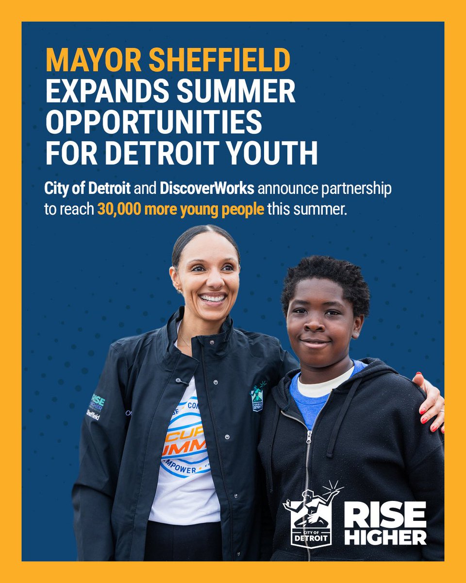 CityofDetroit's tweet photo. Today, Mayor Sheffield announced a new partnership between the City of Detroit, United Way and the Ballmer Group’s DiscoverWorks program to expand summer opportunities for Detroit youth.

Through this partnership and the continued growth of Occupy the Summer, 30,000 more young Detroiters now have access to recreation, enrichment, and summer camp programming across the city, with activities available six days a week, Monday through Saturday.

Every young person deserves the opportunity to learn, grow, and thrive. Together, we’re creating more places for Detroit youth to stay active, build new skills, and make the most of their summer.

There’s still time to get involved. To explore available programs and register, go to https://t.co/ToKhIcFeeT