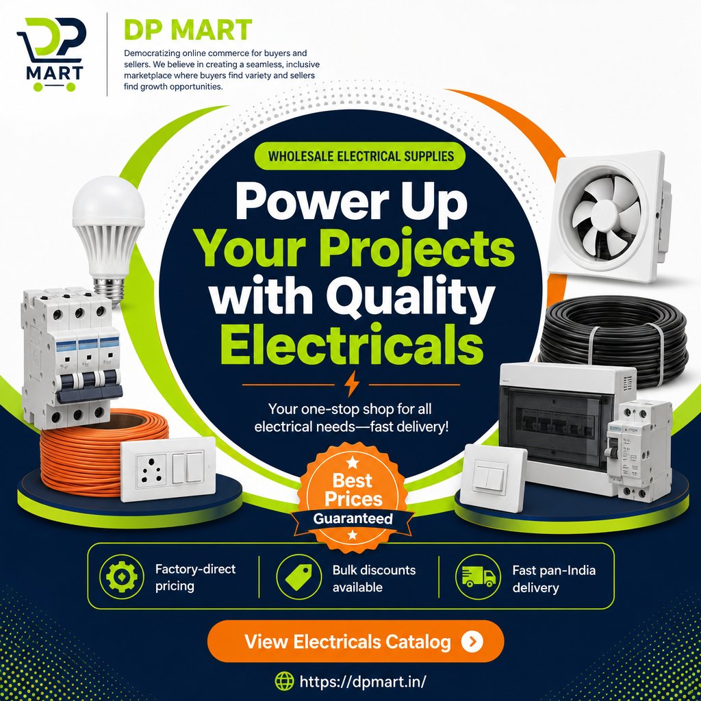 DPMart1404's tweet photo. ⚡️ Electricians, find the best wholesale electrical supplies at DP Mart! Factory pricing, bulk discounts, and fast delivery India-wide. Check out our catalog: https://t.co/phhVDYOkWe

#DPMart #EcommercePlatform #ShopOnline #SellOnline #Marketplace https://t.co/2yiNjaA0Aa