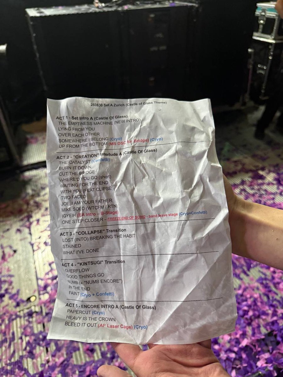 LPLive's tweet photo. Linkin Park setlist in Zurich, Switzerland! The final show of the From Zero World Tour.

The band takes a 45 minute weather break for a storm after Waiting For The End, then literally storms back on stage with a massive With You with Joe scratching into the intro scream by Emily

Clipse joins for With You, Phantogram joins for What I've Done

Stained and Good Things Go cut for time, but the band got a curfew extension to get the rest of the show in. A big hats off to the crew for LP to get this show played.

Brad Delson comes on stage after Bleed It Out for a photo with the band. Mike thanked the crew, fans, opening bands, and Alex for the amazing tour.

Photo by Kate of Linkin Park Coalition