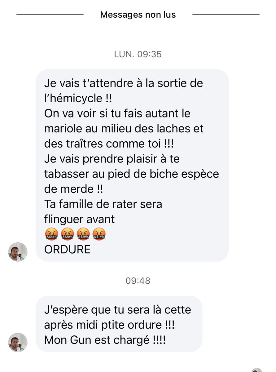 Portes_Thomas's tweet photo. « Ta famille de rater sera flinguée avant »

« Mon gun est chargé »

« Le mort et la torture t’attends »

Face aux nouvelles menaces de mort adressées par le même individu je dépose à nouveau plainte via mon avocate @LucieSimon94. 

Rien ne nous fera baisser les yeux. 

Jamais. https://t.co/6hpfSbZfFd
