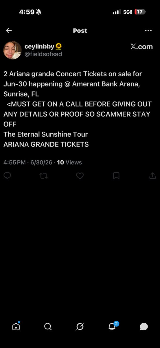 nessamontenegro's tweet photo. BEWARE DO NOT message this girl. She scammed me this morning. She seems to actually be going to the Ariana grande concert as well and is just trying to make extra money. https://t.co/acGKXnUZAf