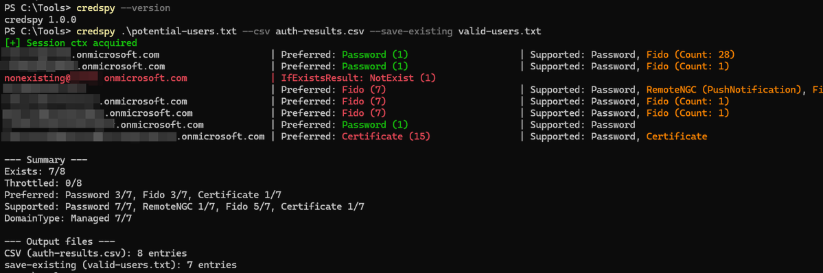 RedByte1337's tweet photo. Just open-sourced CredSpy

Couldn't find any tools that allowed unauthenticated enumeration of auth methods for @Microsoft accounts, so I created it.

Shows whether target accounts use Passkeys, certificate auth, passwordless push, etc...

Find it here: https://t.co/BZ7XfHi5KW https://t.co/ElN1uCLCmZ