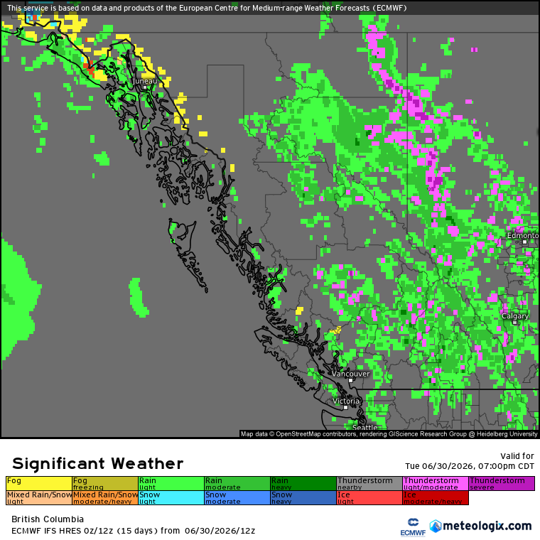 Zach_wx's tweet photo. #BCStorm #BCwx #BCStormWatch
Thunderstorm Threat - Present to Tonight
Looking at the environment, it'll be characterized by marginal instability (~100-1250 SBCAPE, ~100-500 MLCAPE), weak deep-layer shear (≤25 kts), steep lapse rates (7-8.5 C/km low levels; steeper possible in the Central Interior, 6-7 C/km mid levels), & DCAPE values up to ~100-1000 during the aft-early/mid eve hrs.
