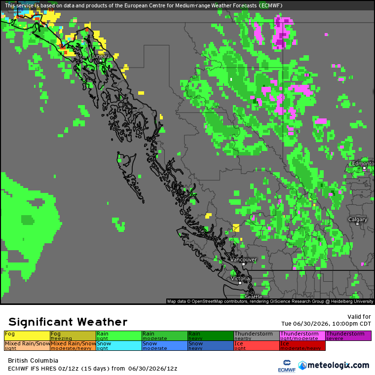 Zach_wx's tweet photo. #BCStorm #BCwx #BCStormWatch
Thunderstorm Threat - Present to Tonight
Looking at the environment, it'll be characterized by marginal instability (~100-1250 SBCAPE, ~100-500 MLCAPE), weak deep-layer shear (≤25 kts), steep lapse rates (7-8.5 C/km low levels; steeper possible in the Central Interior, 6-7 C/km mid levels), & DCAPE values up to ~100-1000 during the aft-early/mid eve hrs.