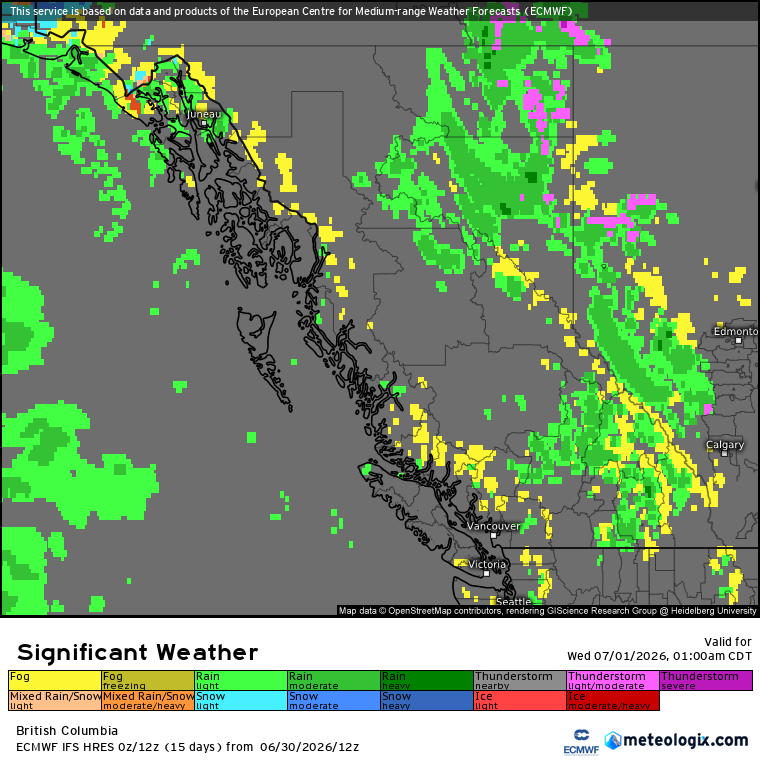 Zach_wx's tweet photo. #BCStorm #BCwx #BCStormWatch
Thunderstorm Threat - Present to Tonight
Looking at the environment, it'll be characterized by marginal instability (~100-1250 SBCAPE, ~100-500 MLCAPE), weak deep-layer shear (≤25 kts), steep lapse rates (7-8.5 C/km low levels; steeper possible in the Central Interior, 6-7 C/km mid levels), & DCAPE values up to ~100-1000 during the aft-early/mid eve hrs.