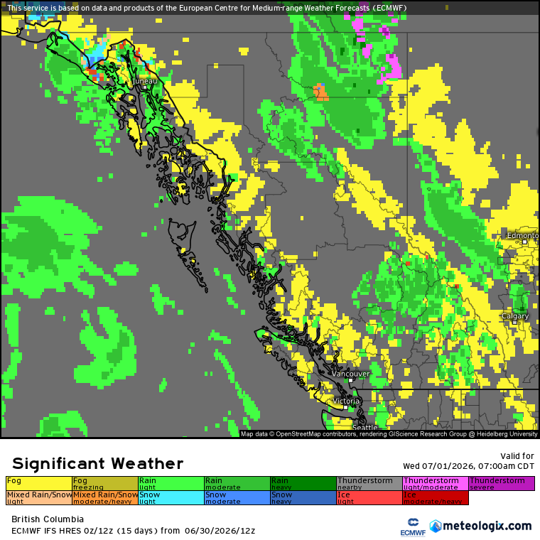 Zach_wx's tweet photo. #BCStorm #BCwx #BCStormWatch
Thunderstorm Threat - Present to Tonight
Looking at the environment, it'll be characterized by marginal instability (~100-1250 SBCAPE, ~100-500 MLCAPE), weak deep-layer shear (≤25 kts), steep lapse rates (7-8.5 C/km low levels; steeper possible in the Central Interior, 6-7 C/km mid levels), & DCAPE values up to ~100-1000 during the aft-early/mid eve hrs.