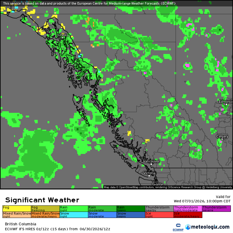 Zach_wx's tweet photo. #BCStorm #BCwx
In tandem w/ daytime heating, orographic lift, & the cool upper troughing + low w/ related flow (+ any embedded disturbances within), this'll allow for patchy-widespread rain/convection & the risk of isolated-scattered t-storms, several in which may become strong-severe, to CONTINUE through this aft to mid or late eve across the Interior, with a severe thunderstorm watch currently in place for the Central-North Okanagan, Nicola, South Thompson, & North Fraser Canyon!
However, a few isolated t-storms will remain possible in the Koots-Columbias, Shuswap, North Thompson, & Central Interior through the rest of tonight to early or mid tmrw morning.