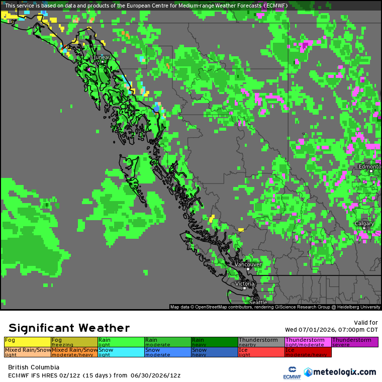 Zach_wx's tweet photo. #BCStorm #BCwx
In tandem w/ daytime heating, orographic lift, & the cool upper troughing + low w/ related flow (+ any embedded disturbances within), this'll allow for patchy-widespread rain/convection & the risk of isolated-scattered t-storms, several in which may become strong-severe, to CONTINUE through this aft to mid or late eve across the Interior, with a severe thunderstorm watch currently in place for the Central-North Okanagan, Nicola, South Thompson, & North Fraser Canyon!
However, a few isolated t-storms will remain possible in the Koots-Columbias, Shuswap, North Thompson, & Central Interior through the rest of tonight to early or mid tmrw morning.