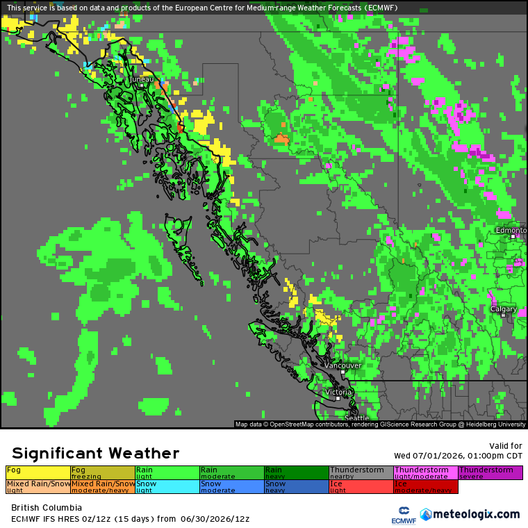 Zach_wx's tweet photo. #BCStorm #BCwx
In tandem w/ daytime heating, orographic lift, & the cool upper troughing + low w/ related flow (+ any embedded disturbances within), this'll allow for patchy-widespread rain/convection & the risk of isolated-scattered t-storms, several in which may become strong-severe, to CONTINUE through this aft to mid or late eve across the Interior, with a severe thunderstorm watch currently in place for the Central-North Okanagan, Nicola, South Thompson, & North Fraser Canyon!
However, a few isolated t-storms will remain possible in the Koots-Columbias, Shuswap, North Thompson, & Central Interior through the rest of tonight to early or mid tmrw morning.