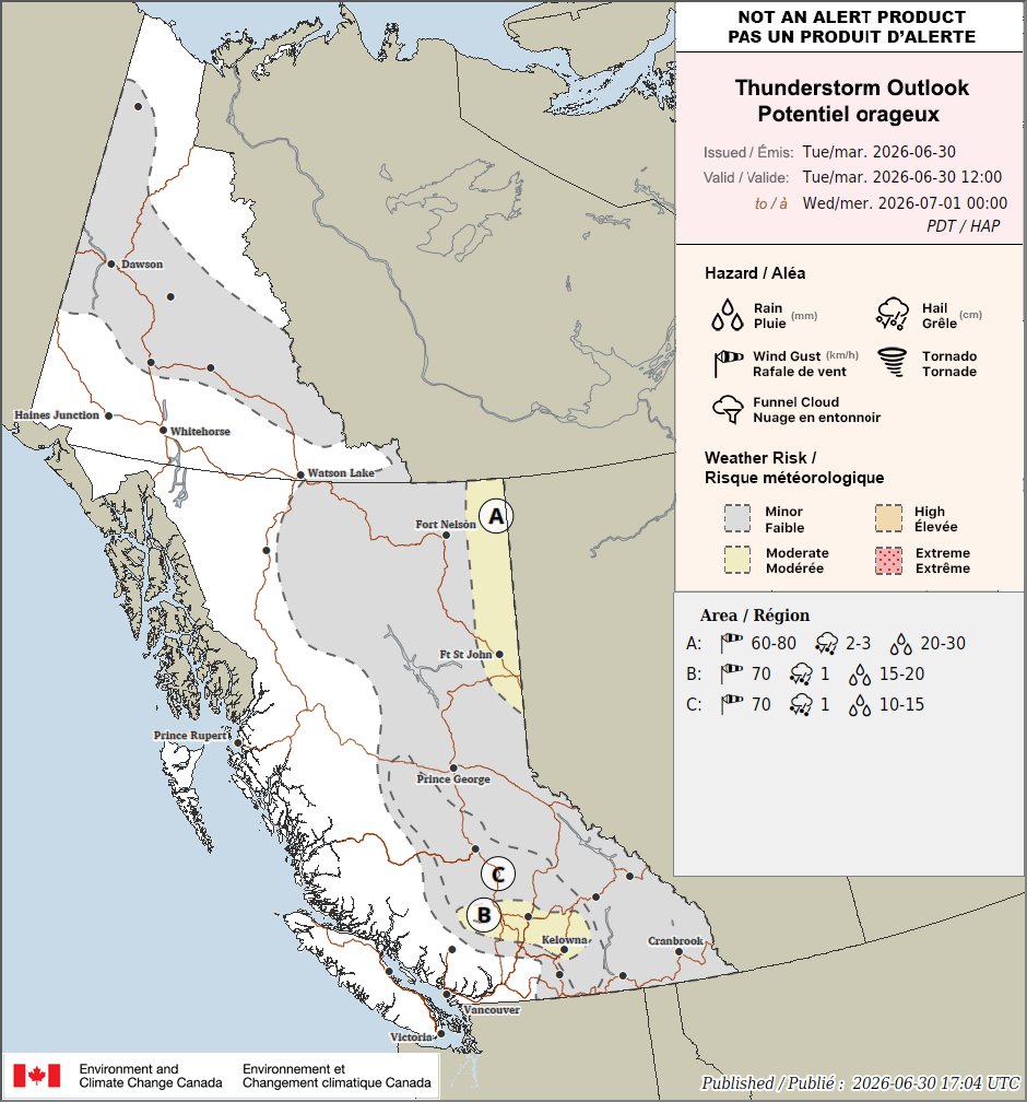 Zach_wx's tweet photo. #BCStorm #BCwx #BCStormWatch
(ECCC outlook in the previous post & top two outlooks in this post are for today, personal outlook in the bottom left is for tmrw)
Thunderstorm Threat - Tomorrow
The environment will be characterized by weak instability (up to ~100-750 SBCAPE, ~100-250 MLCAPE, locally higher possible), modest deep-layer shear (~15-30 kts), steep lapse rates (7-8.5 C/km low levels, 6-7 C/km mid levels), & DCAPE values up to ~100-750 during the mid/late morning-early/mid eve period.