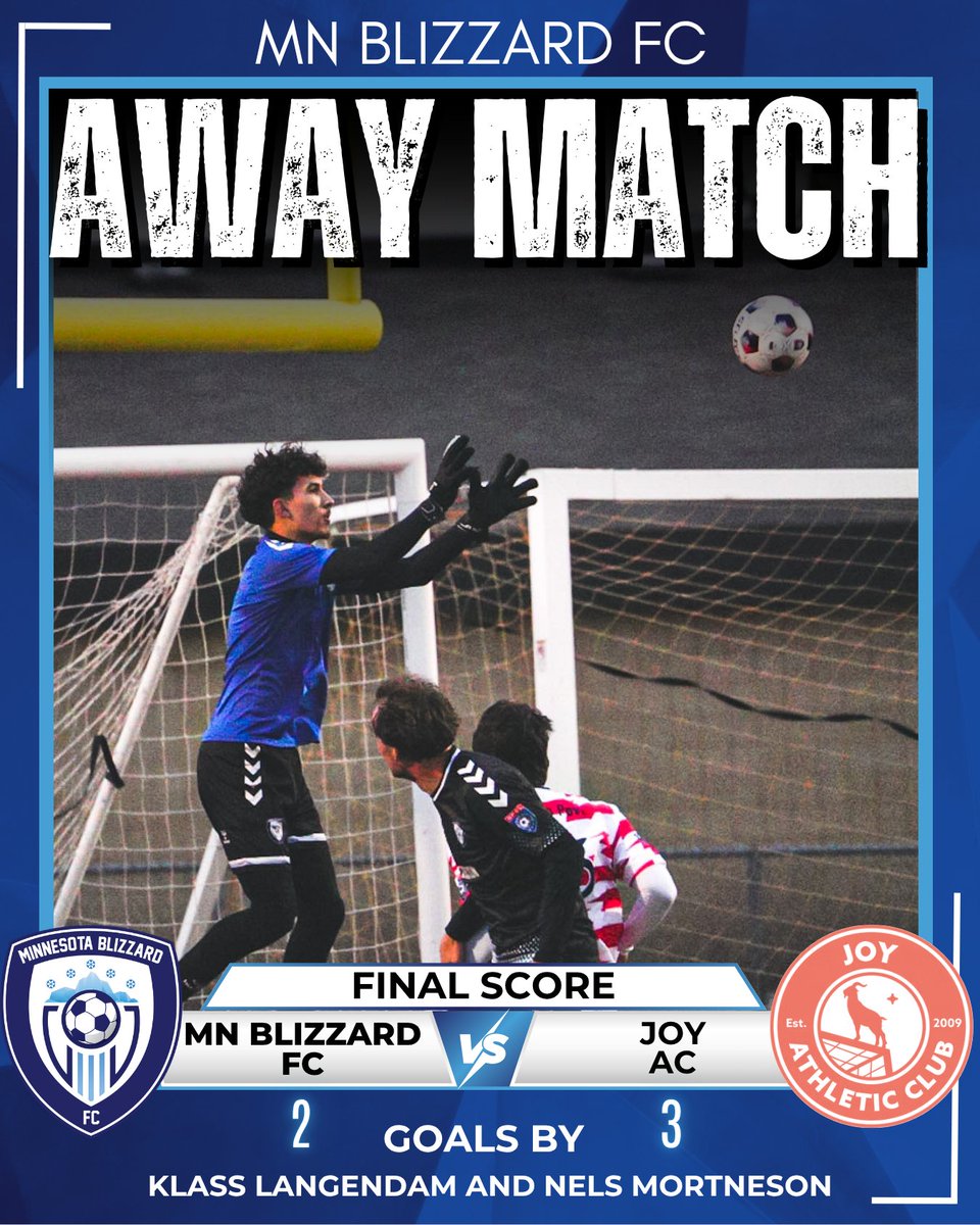 MN_Blizzard_FC's tweet photo. Final Score: Minnesota Blizzard 2️⃣ - 3️⃣ Joy AC

It was a hard-fought match that came down to the final minutes, but two late goals by Joy AC were the difference tonight.

⚽ Goals:
• Klaas Langendam
• Nels Mortenson

On to the next one. Go Blizzard! ❄️

#MNBlizzardFC #NPSl https://t.co/H4ApWn6t1M