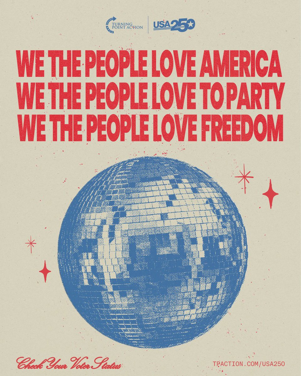 TPAction's tweet photo. The party starts with We the People 🇺🇸🪩

Celebrate America’s 250th by taking one minute to check your voter registration status

Click the link in our bio and make sure you’re ready to vote! https://t.co/3l1pKeO1t6