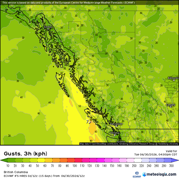 Zach_wx's tweet photo. #BCStorm #BCwx
Winds
Daily (non storm-related) maximum wind gusts of up to 30-60 km/h will be expected for some-most of Southern BC today & tomorrow, w/ gusts up to 70-80 km/h possible for exposed sections of the West Island today-tonight & the Fraser Canyon/Lytton area today (this aft-eve) & tmrw (later morning-eve).
Note: For most (if not all), peak winds/wind threat will occur during the mid morning-mid eve hrs.
Notes
- Updates will be provided (as necessary) over the next couple of days.
- Refer to maps provided for further details.