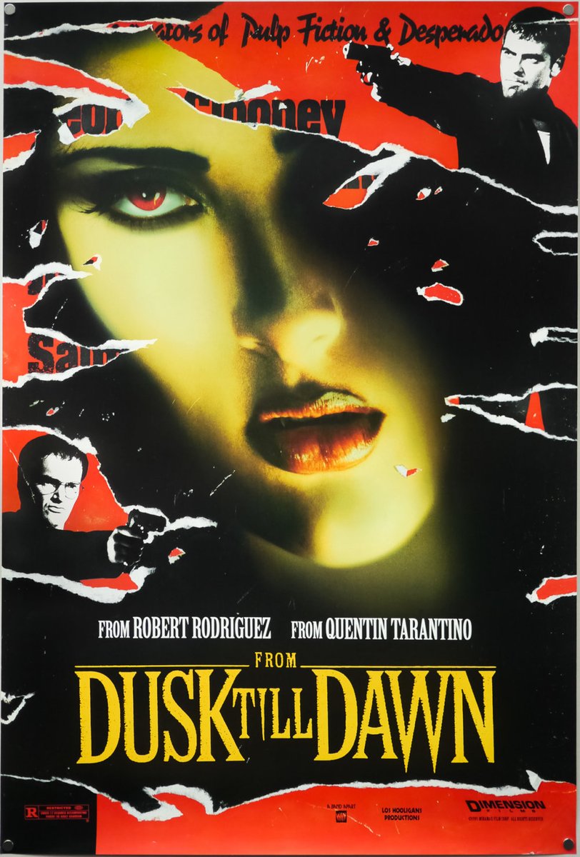 HousePosters's tweet photo. In the workshop today, we have the U.S. advance one-sheet poster for the cult classic B-movie from ’96, ‘From Dusk Till Dawn’, directed by Robert Rodriguez and written &amp; starring Quentin Tarantino and supported by Harvey Keitel, George Clooney, Salma Hayek and Juliette Lewis. https://t.co/x7BemdTix7