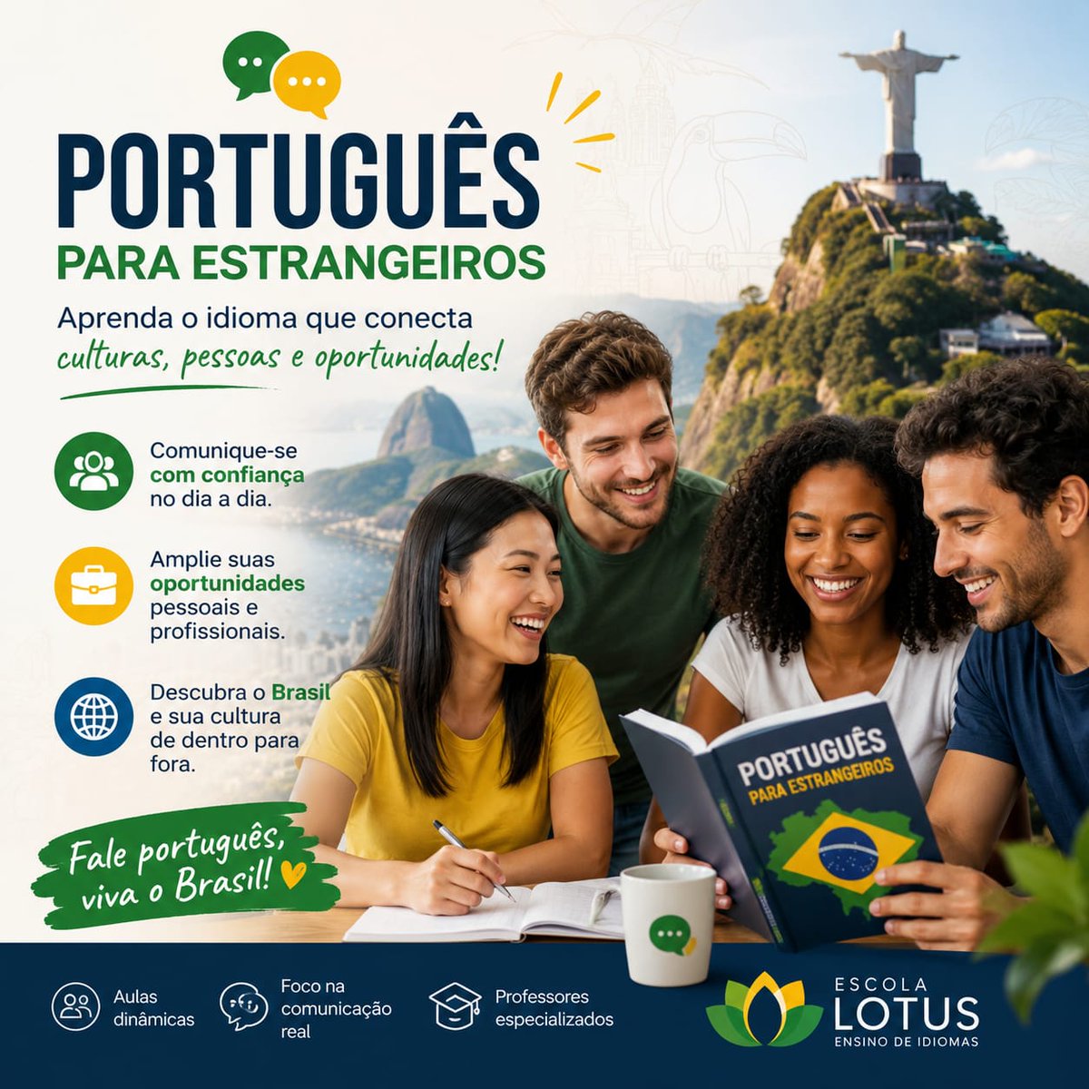 lotus_idiomas's tweet photo. Aprenda Português e Conecte-se ao Brasil!
Falar português vai muito além de aprender um novo idioma: é descobrir uma cultura rica, acolhedora e cheia de diversidade. Seja para trabalhar, estudar, viajar ou construir novas amizades, dominar o português abre portas para inúmeras oportunidades no Brasil e em outros países lusófonos.
Na Lótus Idiomas, o aprendizado é dinâmico, prático e focado na comunicação do dia a dia. Você desenvolve confiança para conversar, compreender diferentes situações e vivenciar a cultura brasileira de forma autêntica.
📷 Aprenda a se comunicar com naturalidade.
📷 Conheça expressões e costumes locais.
📷 Amplie suas oportunidades profissionais.
📷 Viva uma verdadeira imersão cultural.
Venha descobrir a beleza da língua portuguesa e transforme sua experiência no Brasil em algo ainda mais especial!
📷  Lotus Idiomas - Escola que aproxima pessoas e culturas.
📷 https://t.co/Rw9vCxRJUv