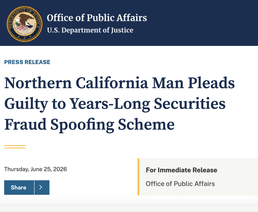 rogerhamilton's tweet photo. DOJ and SEC win stock spoofing securities fraud lawsuit. On June 25, Mingran Wang pleaded guilty to an alleged multi-year securities-fraud scheme involving more than 3,000 instances of “spoofing” between 2021 and 2024 and agreed to forfeit more than $1.3 million in proceeds. He faces a statutory maximum of five years in prison and is scheduled to be sentenced on September 30, 2026.

Wang pleaded guilty to one count of using interstate commerce for the purpose of securities fraud in violation of Section 17(a) of the Securities Act of 1933.

On the civil side, Wang consented to a judgment permanently enjoining him from violating the antifraud and anti-manipulation provisions (Sections 17(a)(1) and (3) of the Securities Act of 1933, and Sections 10(b) and 9(a)(2) of the Exchange Act and Rule 10b-5 thereunder), imposing a five-year brokerage-account notification requirement, and leaving disgorgement, prejudgment interest, and civil penalties to be set later.

DOJ - https://t.co/EFQSx9pk20

SEC -  https://t.co/gdQZ4GgdbJ

In response to the DOJ and SEC actions, Sullivan & Cromwell said "Spoofing prosecutions remain robust and frequently proceed in parallel across civil and criminal regulators. The Criminal Division’s Fraud Section is prosecuting the DOJ case, continuing the Section’s prominent nationwide focus on spoofing and market manipulation, and has regularly brought spoofing matters in coordination with the SEC’s Division of Enforcement (whose Market Abuse Unit investigated the SEC case here) and, in the commodities and derivatives context, with the Commodity Futures Trading Commission."

https://t.co/mGyol6hvwK

Thank you @DOJCrimDiv @SECGov for taking actions to protect investors against spoofing and market manipulation.