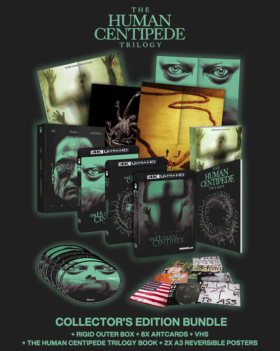 UmbrellaEnt's tweet photo. Join the demented chain with THE HUMAN CENTIPEDE TRILOGY in 4K Dolby Vision for the first time including the UNCENSORED Director's Cut of each film, a VHS of the First Sequence, and NEW interviews with cast & crew!
 
💿 Pre-order now: https://t.co/a2K2kItI6J
 
The infamous franchise is stronger together in this unfathomable Collector's Edition featuring NEW art from Ryve Creative, posters, Tom Six ‘Paintfarts’ artcards, VHS, and a 100-page hardback book with NEW essays from Alexandra Heller-Nicholas, Jim Morton, Jack Sargeant, and more.
 
Feast on a delicious mix of NEW and archival extras including three commentaries with director Tom Six, two NEW commentaries with David Flint, three making-of featurettes, NEW video essays, and NEW interviews with producer Ilona Six and actor Laurence R. Harvey.
 
"What an insane world we live in"
 
Exclusive to the Umbrella webstore and select independent retailers.