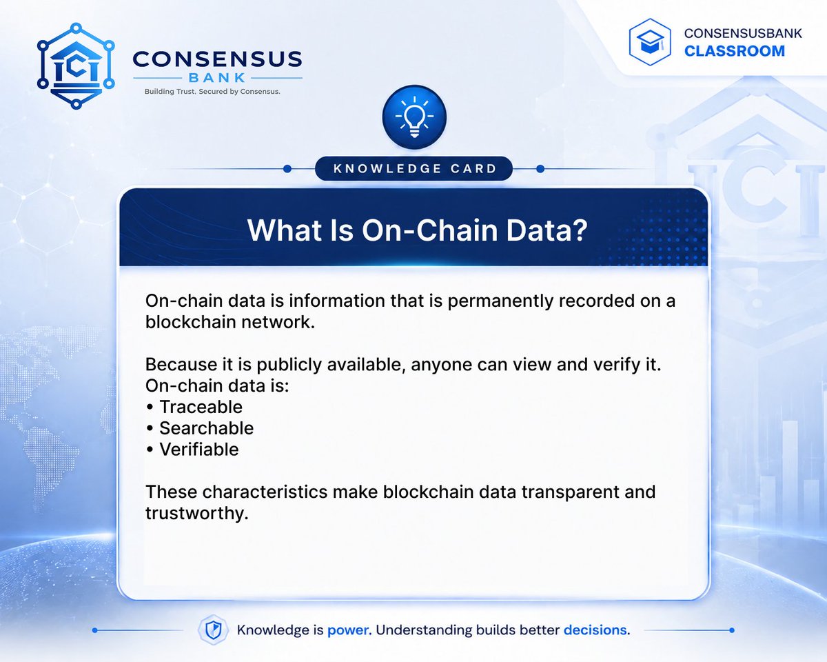 ConsensusBank's tweet photo. ๐Consensus Bank Academy is now in session!
Todayโs Topic: What Is On-Chain Data?
#Crypto #Web3 #Blockchain #OnChain #DeFi #Bitcoin #Ethereum #BlockchainData https://t.co/U489BUmurl
