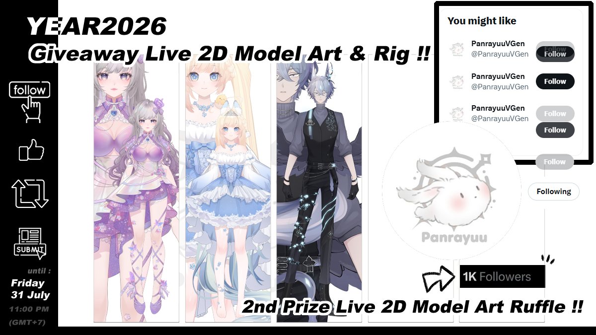 PanrayuuVGen's tweet photo. 🎁 GIVEAWAY TIME! 🎁
Free Full-Body VTuber Model Art &amp; Rig 1 Prize ! 🐰💕

📌 How to join Event:

✅Follow+Like+Repost
📝 Fill &amp; Sent character form
→https://t.co/Ka9BEHvbGD

#VtuberGiveaway #VtuberModel #Vtuber #Live2D #วีทูปเบอร์คนไทย #modelgiveaway
(1) https://t.co/ZaS0brGucI