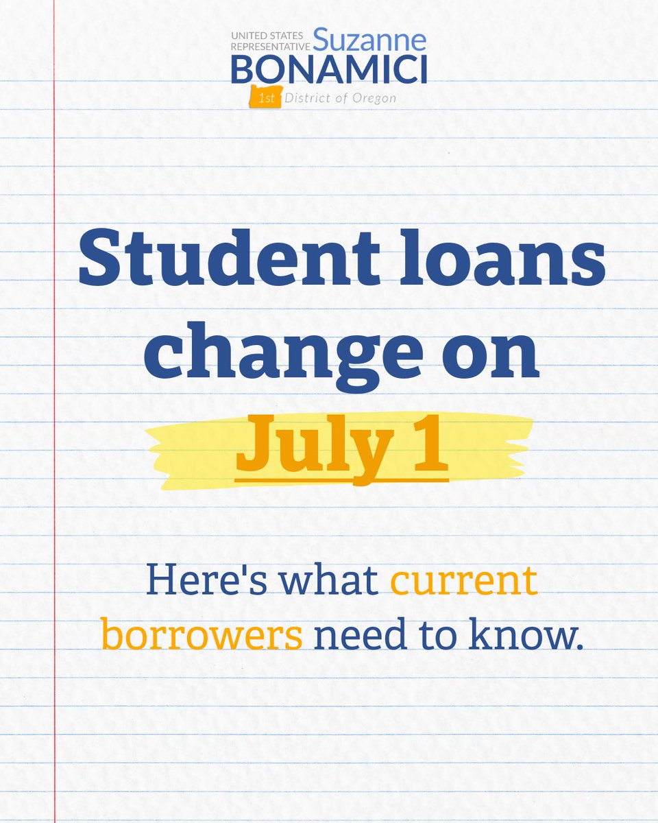 RepBonamici's tweet photo. Do you have student loans? Swipe to see what's changing in July. ￼￼ 📚💲 https://t.co/H9g7PRyz3o