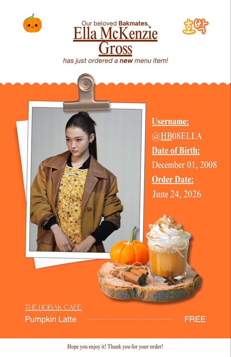 HOBAKCARD's tweet photo. Your order is ready!🎃 Here’s your 𝐏𝐮𝐦𝐩𝐤𝐢𝐧 𝐋𝐚𝐭𝐭𝐞, freshly served. Thanks for ordering, and we can’t wait to see you again soon!

@HB99ARIN 
@HB08ELLA https://t.co/xv9fG8ic0G
