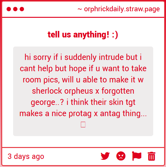 orphrickdaily's tweet photo. Hi, anon!! No worries, you're not intruding at all, I'm overjoyed to have a request! And yes, for sure, we'll work on taking some Shergeorge pics! They're SUCH a good skinpair... I also have a meme I can post sooner than scheduled. Ty <3
-πͺΌ
#orphricksp https://t.co/jl0wuJvpRq https://t.co/YcmPr2p1RU