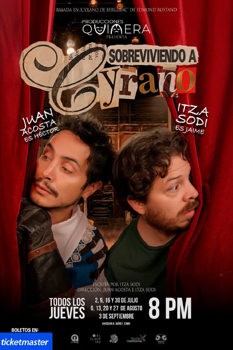 artes_promo's tweet photo. Sobreviviendo a Cyrano

"Jueves
del 2 de julio al 3 de septiembre
20:00

Sin funcion el 23 de julio"

Un tramoyista y un actor se ven obligados a sustituir a todos los actores de una obra clásica tras un accidente de ultimo minuto. Guiado por el actor, reconstruyen juntos
$400- https://t.co/nBTXPNLyu4