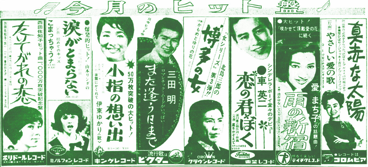 keisuke6964's tweet photo. 昭和42（1967）年7月、#レコード 8社共同による「君月のヒット盤」新聞広告。今も歌い継がれるのは #真赤な太陽（#美空ひばり）と #小指の想い出（#伊東ゆかり）だろうが、#また逢う日まで（#三田明）も名曲。数年後に大ヒットする #尾崎紀世彦 の同名異曲に存在を上書き消去されているような気が… https://t.co/M1coLFASLh