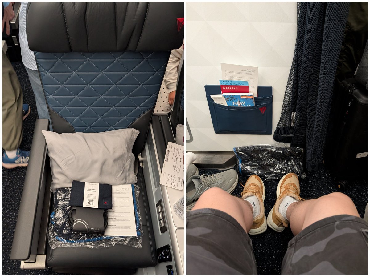 WolfFlyer350's tweet photo. DL170, ICN-MSP, A350-900: Delta Premium Select 初体验 ✈️ 座位而言，不算宽敞，footrest 设计很差，储物空间不足；然后飞行途中三次按服务铃均无人响应。好在餐食不错，也遇到一位格外热情的乘务员，算是saving grace了。 https://t.co/KfzvJ6EUUG