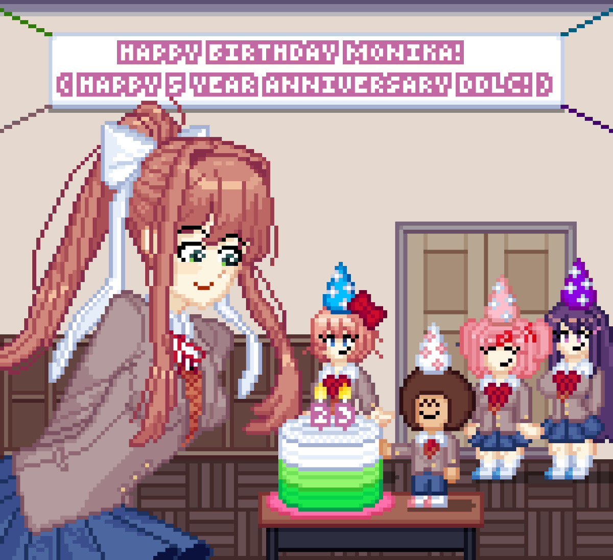 TheLewderTurner's tweet photo. Happy 5th anniversary to DDLC Plus!

Unfortunately, I've been a bit busy with future animations to do a proper post for today, but I thought it would be a good idea to repost this 2022 piece WITH the SFW part of it since my SFW account was killed a long while ago. https://t.co/jabh7DAVaC